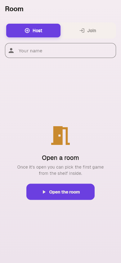 Bluetooth room lobby — Host / Join + Your name field + Open the room button