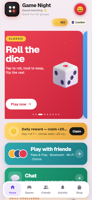 Chat with friends — multiplayer chat preview card on home