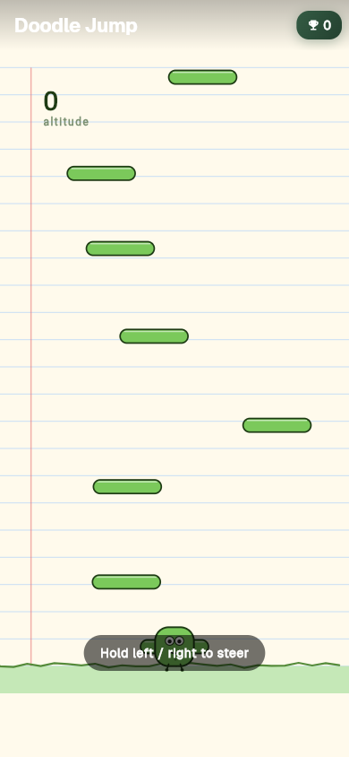 Doodle Jump — green platforms with ladybug character on notebook background