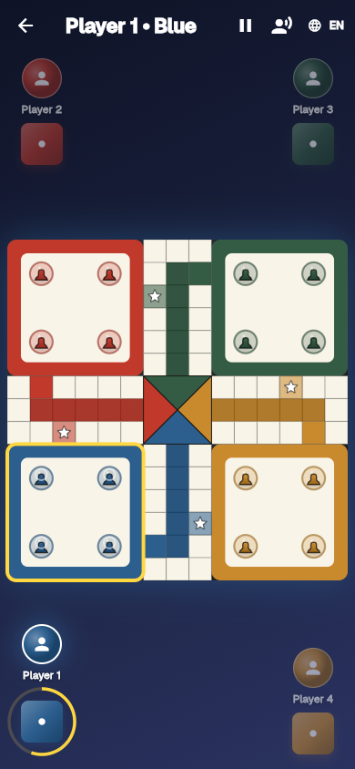 4-player Ludo board on Game Night with classic red, green, blue, yellow homes and 16 pawns