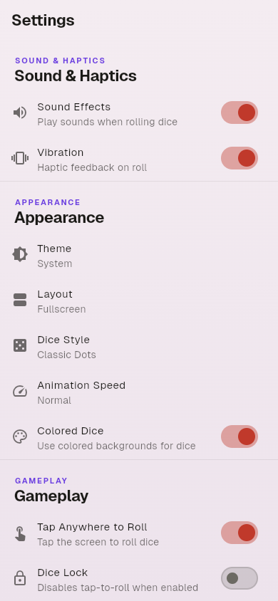 Settings — dice style, theme, chat gate